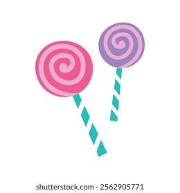 Two spiral lollipops in pink and purple, symbolizing fun and sweetness.