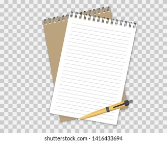 Two spiral notebook and ballpoint Pen. Notebook vector mockup, with place for your image, text or corporate identity details. Vector illustration