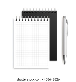 Two spiral notebook and white ballpoint Pen. Realistic notebooks and pen vector illustration