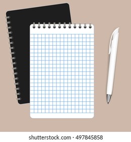 Two spiral notebook and white ballpoint Pen. Realistic notebooks and pen vector illustration