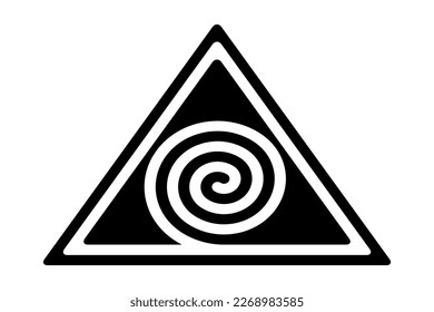 Two spirals in three triangles, a Hopi symbol. A black spiral forming a triangle, creating the optical illusion of a white spiral, forming a white triangle, surrounded by a black triangular border.