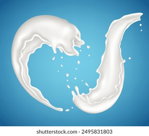 Dos chorros de leche sobre un fondo azul. Ilustración vectorial