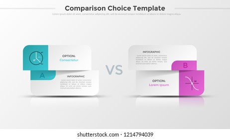 Two split paper white cards with linear symbols and place for text or description. Concept of comparison or choice between 2 options. Realistic infographic design layout. Vector illustration.