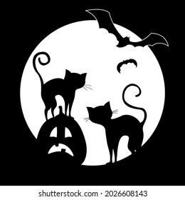 Two spooky cats and pumpkin on the background of the moon. Halloween sticker.