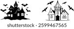 Two spooky Halloween themed house silhouettes with bats flying around. Black and white vector graphics ideal for decorations or cards.