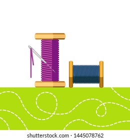 Two spools on the white and green background vector sewing set