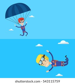 Dos banderas deportivas con espacio para el texto. Diseño plano vectorial. Diseño horizontal. Hombre volando con un paracaídas. Joven parapente en un paracaídas. Paracaidista profesional descendiendo con un paracaídas.