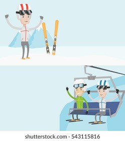 Zwei Sportbanner mit Platz für Text. Vektorflachdesign. Horizontales Layout. Zwei glückliche Männer sitzen auf dem Skilift in den Bergen. Skifahrer mit Seilbahn im Skigebiet. Skifahrer auf der Seilbahn in den Bergen.