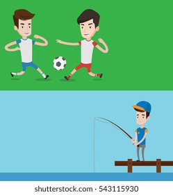 Two sport banners with space for text. Vector flat design. Horizontal layout. Fisherman fishing on the lake. Man relaxing during fishing on jetty. Fisherman standing on jetty with fishing-rod in hands