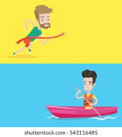 Two sport banners with space for text. Vector flat design. Horizontal layout. Caucasian sportsman riding in a kayak. Young caucasian man traveling by kayak. Male kayaker paddling. Man paddling a canoe