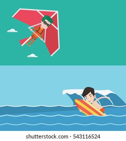 Two sport banners with space for text. Vector flat design. Horizontal layout. Man flying on hang-glider. Man taking part in hang gliding competitions. Man having fun while gliding on delta-plane.
