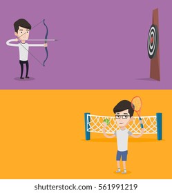 Dos carteles deportivos con espacio para el texto. Diseño plano vectorial. Diseño horizontal. Jugador de pie en la pista de tenis. Jugador de tenis sosteniendo una raqueta y una pelota. Joven caucásico jugando al tenis.