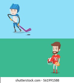 Two sport banners with space for text. Vector flat design. Horizontal layout. Ice hockey player skating on rink. Ice hockey player with a stick. Man playing ice hockey. Rugby player holding ball.