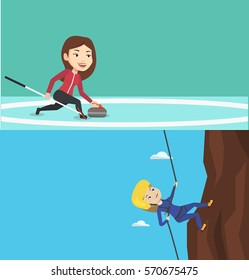 Two sport banners with space for text. Vector flat design. Horizontal layout. Curling player with stone and broom on a rink. Curling player delivering a stone. Curling player sliding over the ice.