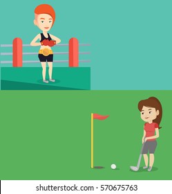 Dos carteles deportivos con espacio para el texto. Diseño plano vectorial. Diseño horizontal. Joven caucásica jugando al golf. Golfer golpeando la pelota en el agujero con la bandera roja. Mujer practicando en el campo de golf