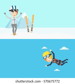 Two sport banners with space for text. Vector flat design. Horizontal layout. Young caucasian parachutist jumping with parachute. Professional female parachutist flying with parachute in clouds.