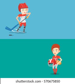 Two sport banners with space for text. Vector flat design. Horizontal layout. Sportswoman playing ice hockey. Ice hockey player in uniform skating on a rink. Ice hockey player with a stick and puck.