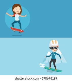 Two sport banners with space for text. Vector flat design. Horizontal layout. Smiling caucasian sportswoman riding a skateboard. Young skater riding a skateboard. Sportswoman jumping with skateboard.
