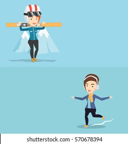 Two sport banners with space for text. Vector flat design. Horizontal layout. Caucasian woman carrying skis. Woman standing with skis on the background of snow capped mountain. Young woman skiing.