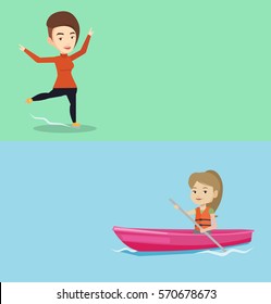 Two sport banners with space for text. Vector flat design. Horizontal layout. Young caucasian female figure skater posing on skates. Professional female figure skater performing on ice skating rink.