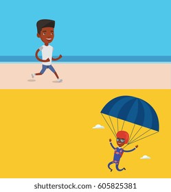 Dos carteles deportivos con espacio para el texto. Diseño plano vectorial. Diseño horizontal. Un hombre afroamericano y deportivo trotando en la playa. Hombre trotando a lo largo de la orilla del mar. Un hombre apto que disfruta trotando en la playa.