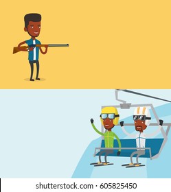 Dos carteles deportivos con espacio para el texto. Diseño plano vectorial. Diseño horizontal. Hombre afroamericano dispara con escopeta. Cazador listo para cazar con rifle de caza. Hombre apuntando con un arma de caza.