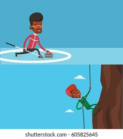 Two sport banners with space for text. Vector flat design. Horizontal layout. Rock climber in protective helmet climbing on a rock. African man climbing in mountains with rope. Man climbing a rock.