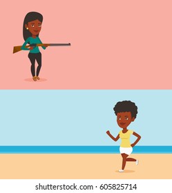 Two sport banners with space for text. Vector flat design. Horizontal layout. Woman jogging on beach. Woman running on beach. Young woman running along the seashore. Woman enjoying jogging on beach.