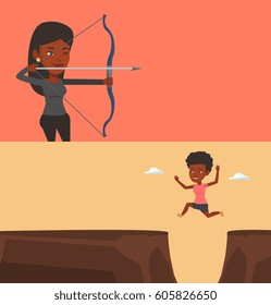 Zwei Sportbanner mit Platz für Text. Vektorflachdesign. Horizontales Layout. Junge afrikanische Sportlerin, die in Bogenschießen praktiziert. Sportliche Frauenausbildung mit Bogen. Bogenschütze mit Bogenschießen in Händen