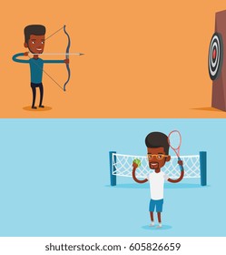 Two sport banners with space for text. Vector flat design. Horizontal layout. Tennis player standing on the court. Tennis player holding a racket and a ball. African-american man playing tennis.