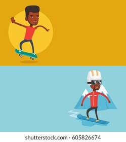 Two sport banners with space for text. Vector flat design. Horizontal layout. African man riding a skateboard. Happy man skateboarding. Young skater riding a skateboard. Man jumping with skateboard.