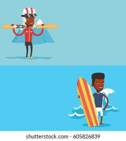 Two sport banners with space for text. Vector flat design. Horizontal layout. Man carrying skis. Man standing with skis on his shoulders on the background of snow capped mountain. Young man skiing.