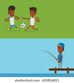 Two sport banners with space for text. Vector flat design. Horizontal layout. Football players during a champions league match. Soccer players fighting over control of ball during a football match.