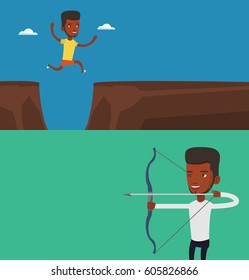 Two sport banners with space for text. Vector flat design. Horizontal layout. Sportsman jumping across the gap from one rock to another. Young african-american sportsman jumping over rocks with gap.
