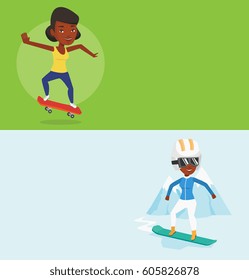 Two sport banners with space for text. Vector flat design. Horizontal layout. Woman snowboarding on the background of mountain. Snowboarder on piste in mountains. Woman snowboarding in the mountains.