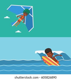 Two sport banners with space for text. Vector flat design. Horizontal layout. Man flying on hang-glider. Man taking part in hang gliding competitions. Man having fun while gliding on delta-plane.