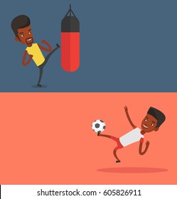 Two sport banners with space for text. Vector flat design. Horizontal layout. Young soccer player kicking ball during game. Soccer player juggling with a ball. Football player playing with soccer ball