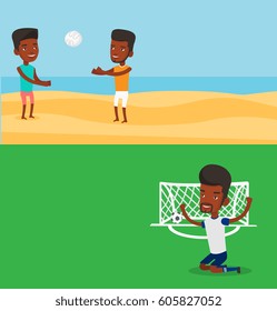Two sport banners with space for text. Vector flat design. Horizontal layout. Football player celebrating scoring goal. Young football player kneeling on the background of football gate with ball.