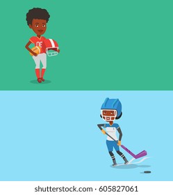 Dos carteles deportivos con espacio para el texto. Diseño plano vectorial. Diseño horizontal. Jugadora de rugby afroamericana sosteniendo la pelota y el casco en las manos. Longitud completa de las jóvenes jugadoras de rugby uniformadas