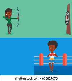 Two sport banners with space for text. Vector flat design. Horizontal layout. African sportswoman shooting with bows during archery competition. Sportswoman aiming with bow and arrow at the target.