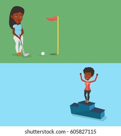 Dos carteles deportivos con espacio para el texto. Diseño plano vectorial. Diseño horizontal. Mujer afroamericana jugando golf. Golfer golpeando la pelota en el agujero con la bandera roja. Mujer practicando en el campo de golf.