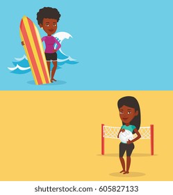 Two sport banners with space for text. Vector flat design. Horizontal layout. Woman standing with a surfboard on the beach. African surfer with a surf board at the beach on the background of sea wave.