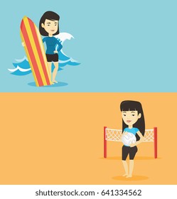 Dos carteles deportivos con espacio para el texto. Diseño plano vectorial. Diseño horizontal. Mujer asiática de pie con una tabla de surf en la playa. Un joven surfista de pie con una tabla de surf sobre el fondo de la ola marina.