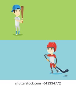 Two sport banners with space for text. Vector flat design. Horizontal layout. Asian sportsman playing ice hockey. Young ice hockey player skating on a rink. Ice hockey player with a stick and puck.