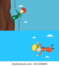 Two sport banners with space for text. Vector flat design. Horizontal layout. Asian parachutist jumping with parachute. Professional parachutist falling through the air. Woman flying with parachute.