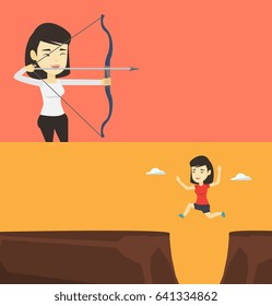 Dos carteles deportivos con espacio para el texto. Diseño plano vectorial. Diseño horizontal. Mujer practicando tiro con arco. Jugador de tiro con arco concentrado apuntando con un arco en las manos. Entrenando al jugador de tiro con arco.