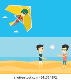 Two sport banners with space for text. Vector flat design. Horizontal layout. Man flying on hang-glider. Sportsman taking part in hang gliding competitions. Man having fun while gliding on delta-plane