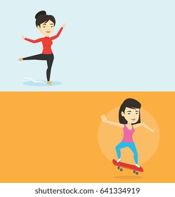 Two sport banners with space for text. Vector flat design. Horizontal layout. Young asian female figure skater posing on skates. Professional female figure skater performing on ice skating rink.