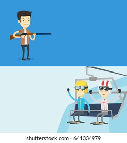 Two sport banners with space for text. Vector flat design. Horizontal layout. Two men sitting on ski elevator. Skiers using cableway at ski resort. Skiers on cableway in mountains at winter resort.