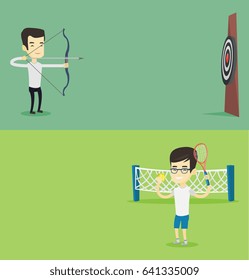 Dos carteles deportivos con espacio para el texto. Diseño plano vectorial. Diseño horizontal. Joven deportista de pie en la pista de tenis. Deportista sosteniendo una raqueta de tenis y una pelota. Deportistas asiáticos jugando al tenis